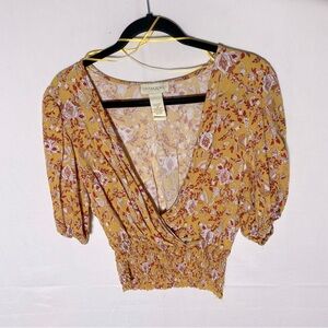 5/$35 Cynthia Rowley Yellow Red Smocked Waist Deep V Faux Wrap Cropped Blouse M
